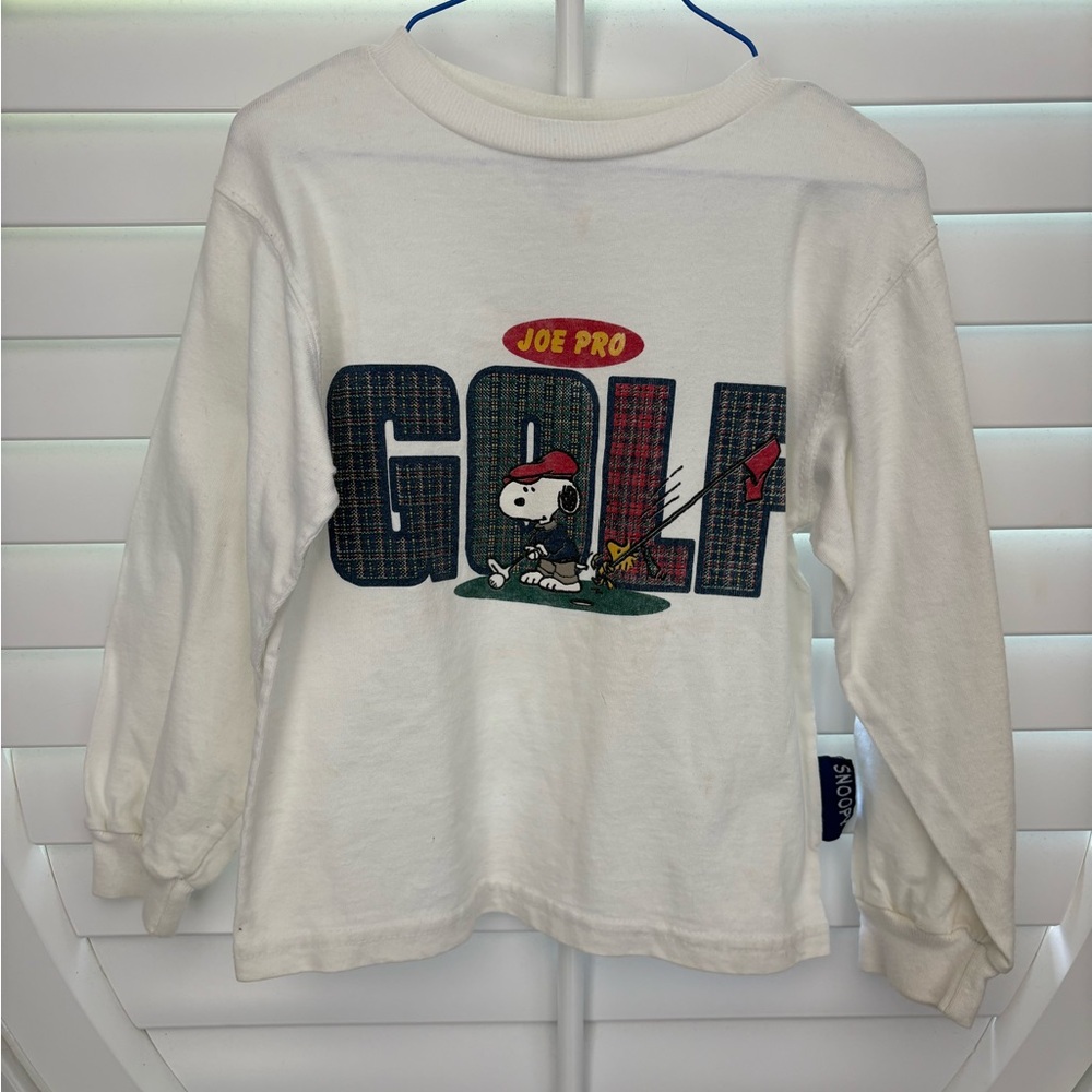 Vintage Joe Fresh White Long Sleeve Kids Snoopy Tee with Golf Design 5T